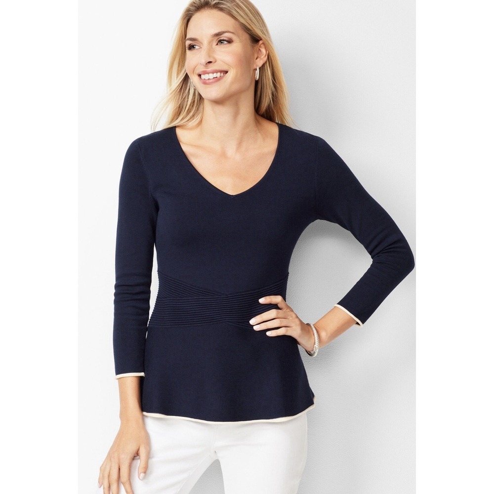 Talbots Women's Navy Tipped Peplum Sweater V-Neck 3/4 Sleeve Size Small‎ $89.50